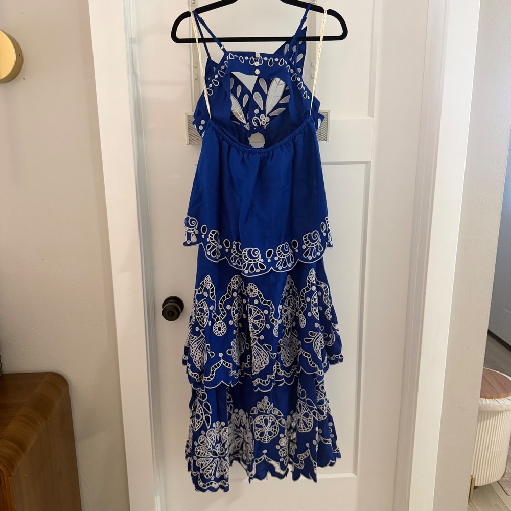 NWT Farm Rio Blue Flower Richelieu Linen Midi Dress Navy Blue Small Boho $398 - Picture 5 of 6